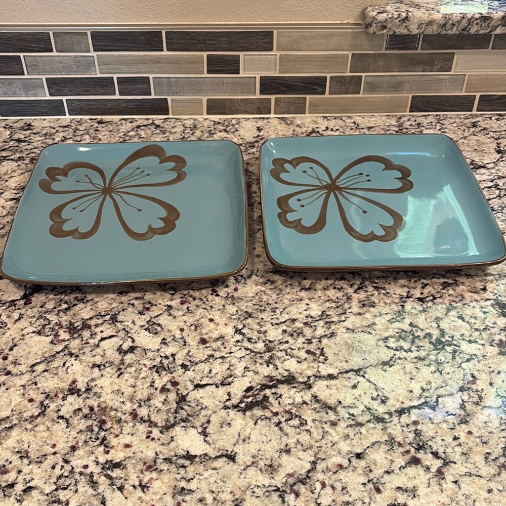 2 Pier 1 Hibiscus Square Dinner Plates Brown/Turquoise Dinner Discontinued